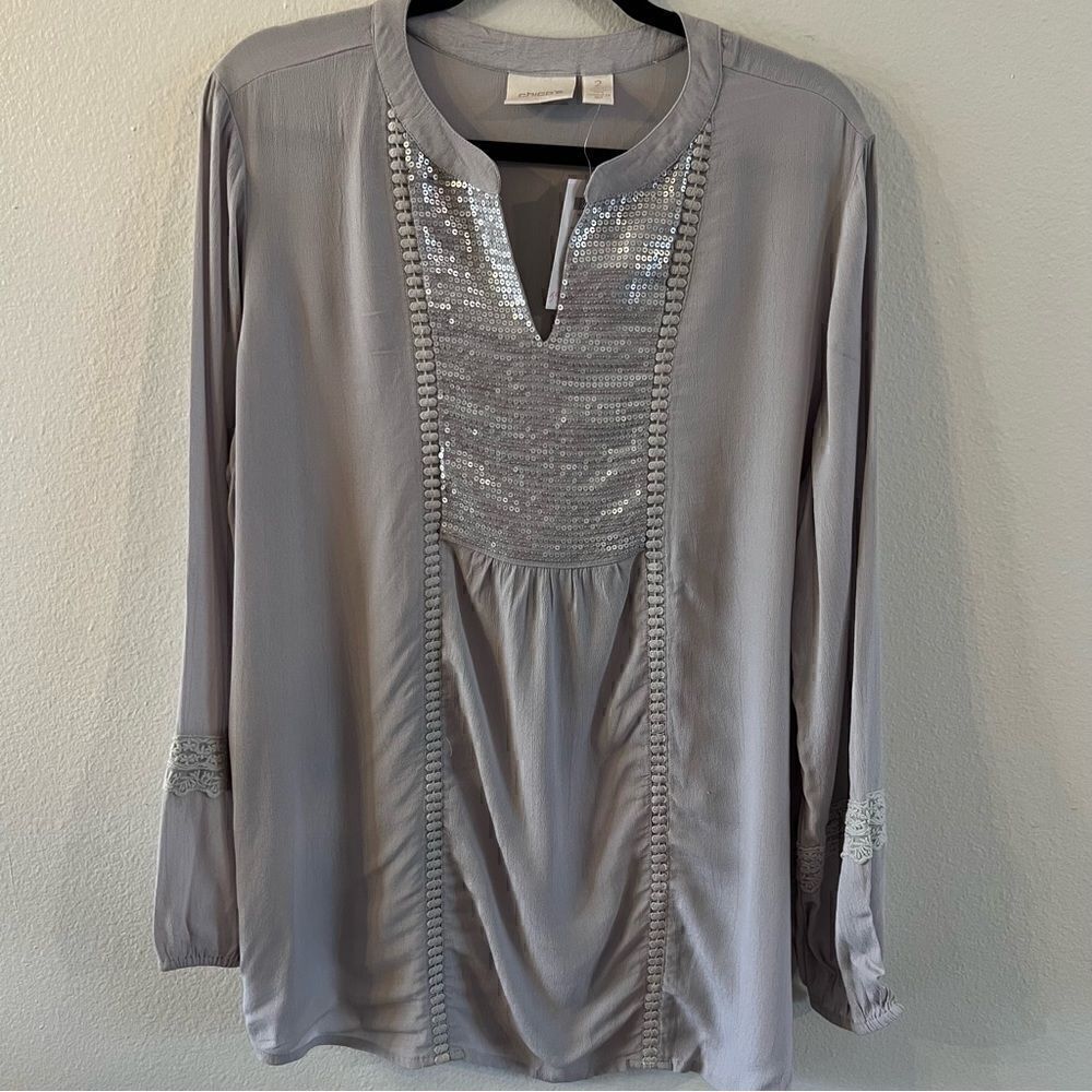 NWT Chico's Sequin Shine Tunic Gray Long Sleeve Peasant Blouse Sz 2 (large 12)
